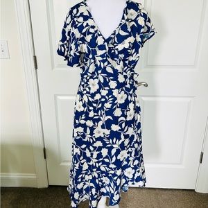 Time and Tru Royal Blue and White Floral Ruffle Wrap Dress